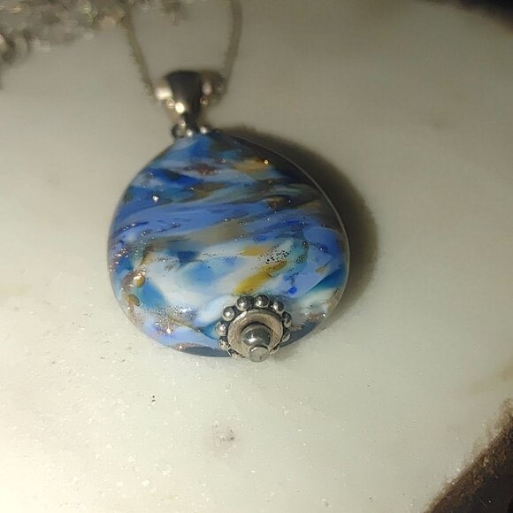 925 Handcrafted Murano Blue Gold Glass Pendant Necklace  Sterling Silver Chain - Picture 7 of 10